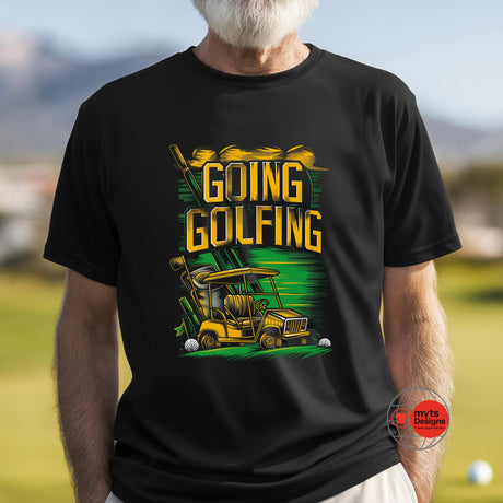 Person wearing a black t-shirt with 'Going Golfing' graphic design on a golf course.