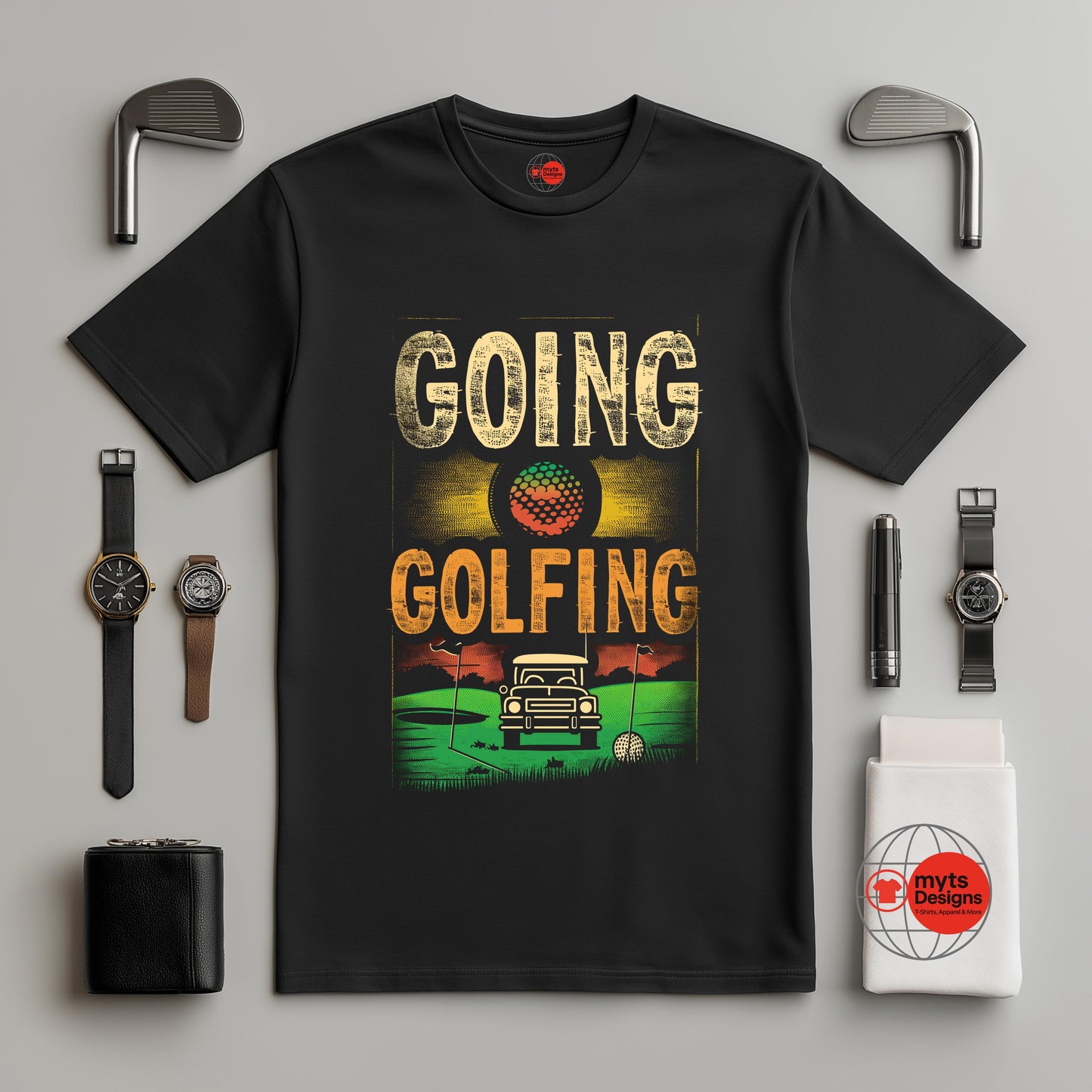 Black t-shirt with “Going Golfing” text and sunset golf cart illustration on fairway, perfect casual gift for golf lovers