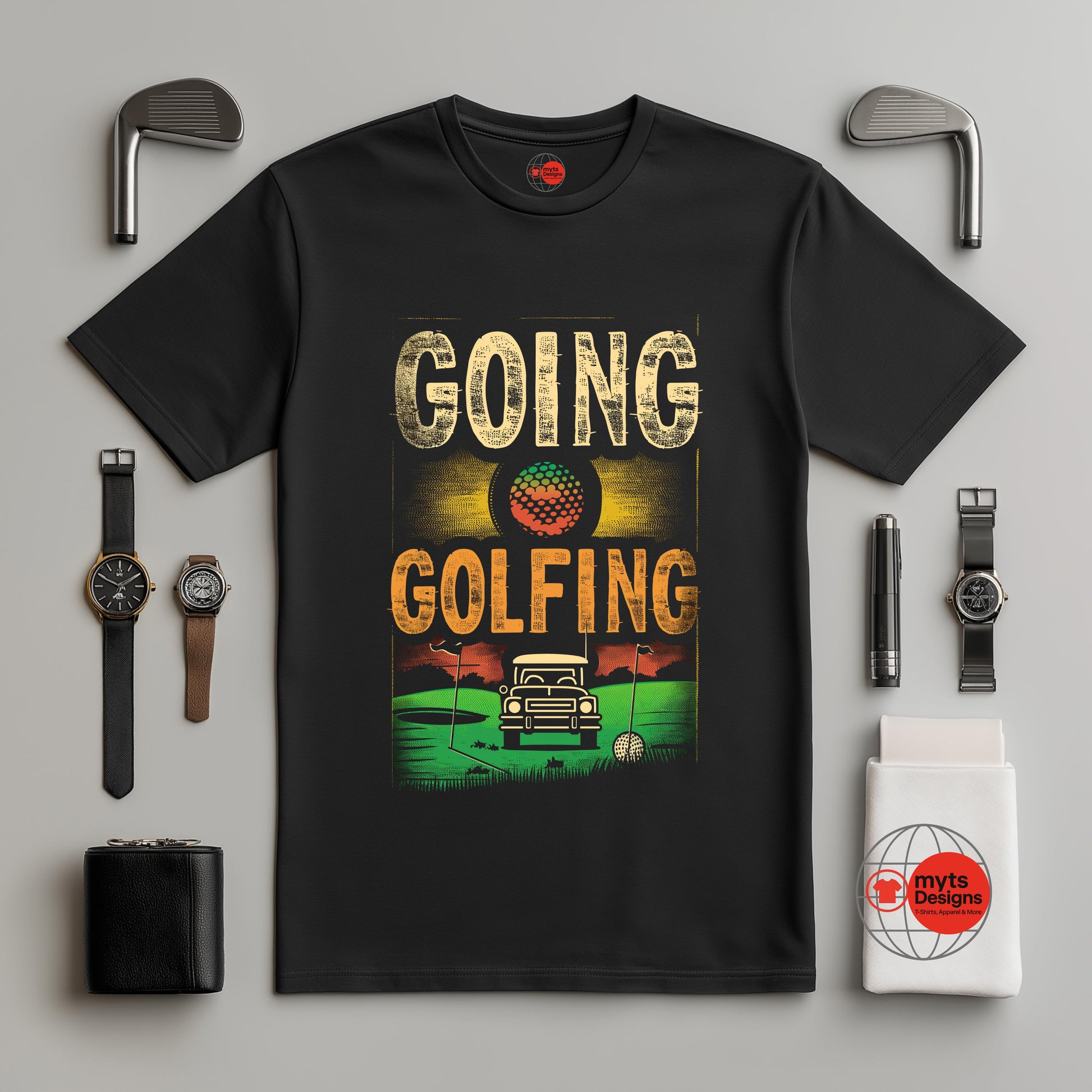 Black t-shirt with “Going Golfing” text and sunset golf cart illustration on fairway, perfect casual gift for golf lovers