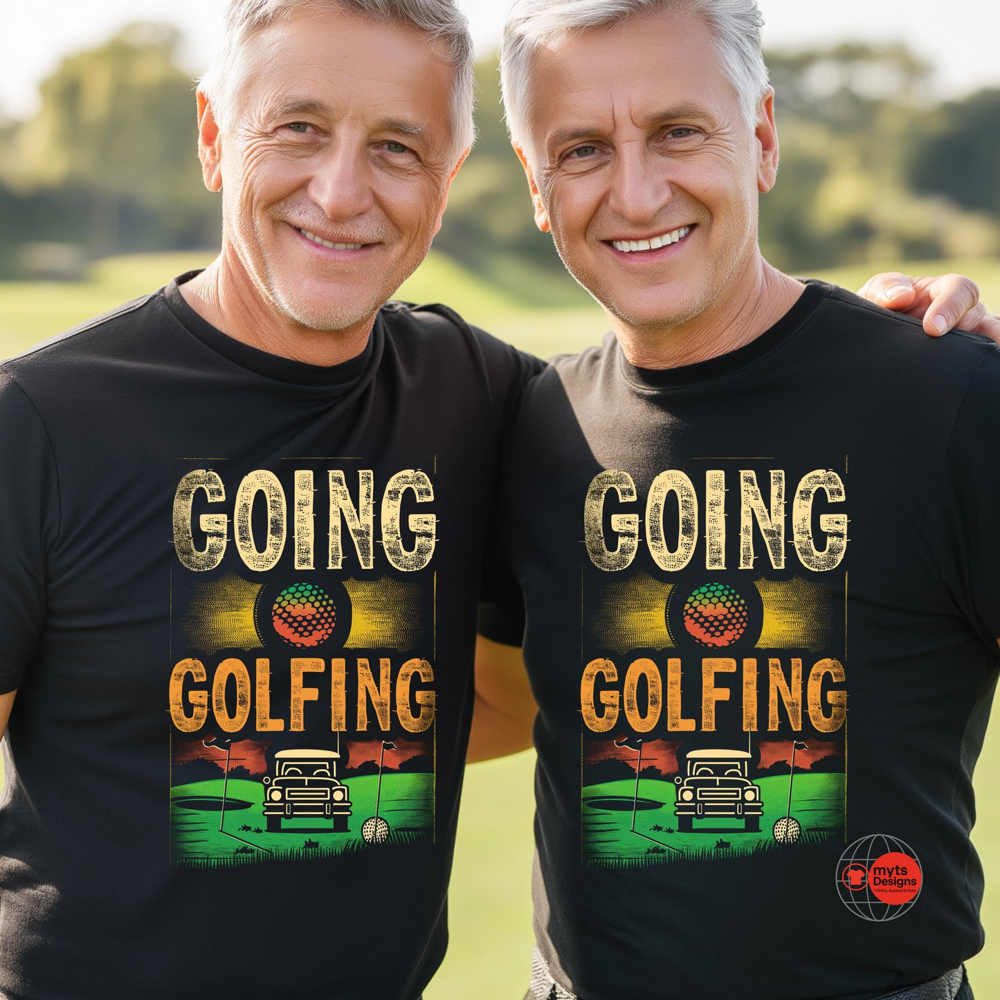 Two men wearing black t-shirts with 'Going Golfing' graphic design outdoors.