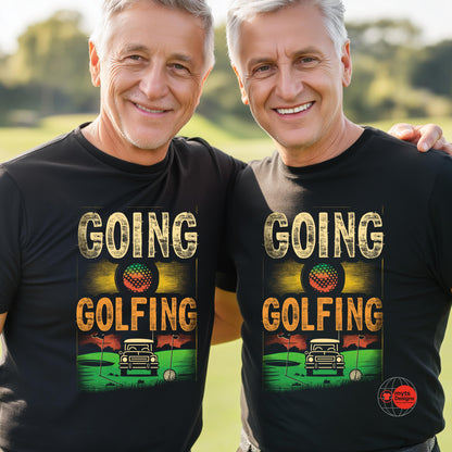 Two men wearing black t-shirts with 'Going Golfing' graphic design outdoors.