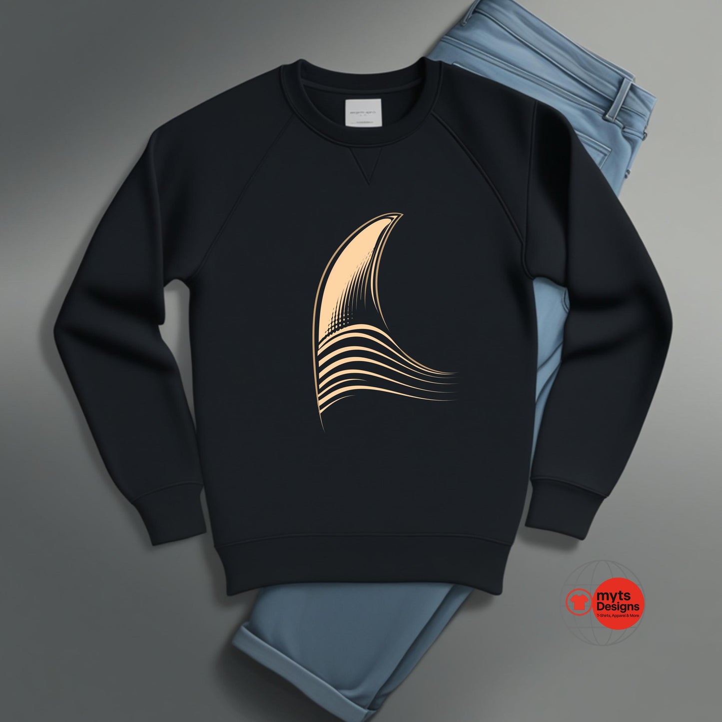 Black sweatshirt with gold abstract design on a gray background
