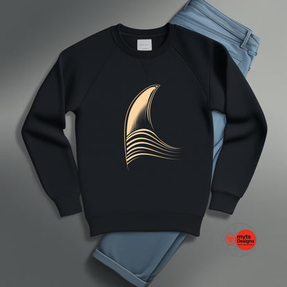 Black sweatshirt with gold abstract design on a gray background