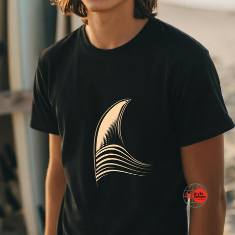 Person wearing a black t-shirt with a gold abstract design, brand 'mythodesigns' visible.
