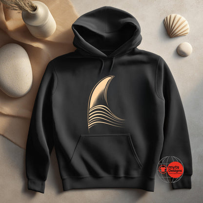 Black hoodie with a gold design on a neutral background
