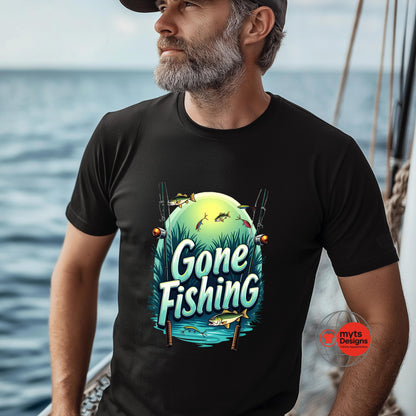Man wearing a black t-shirt with 'Gone Fishing' graphic on a boat