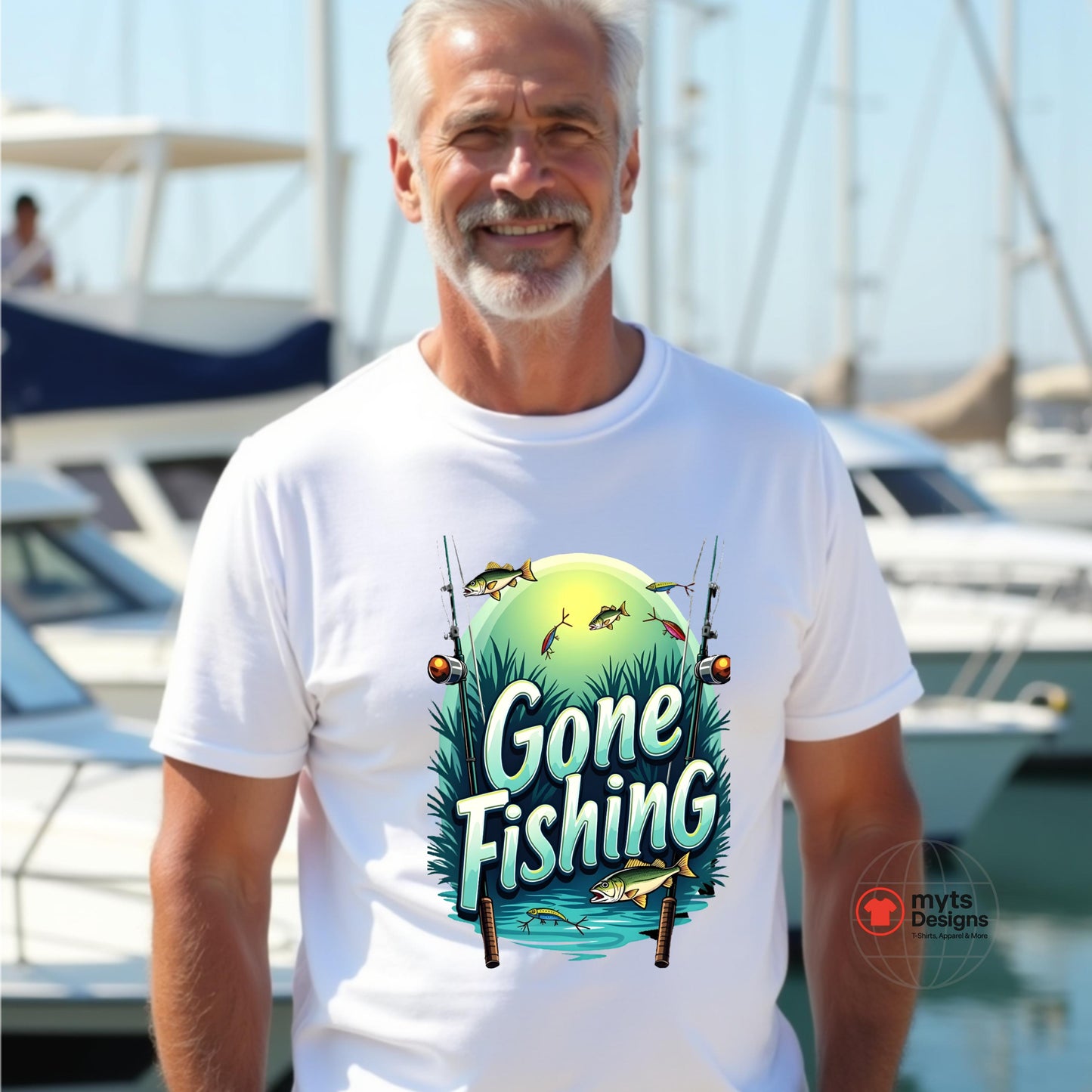 Man wearing a 'Gone Fishing' t-shirt at a marina with boats in the background.