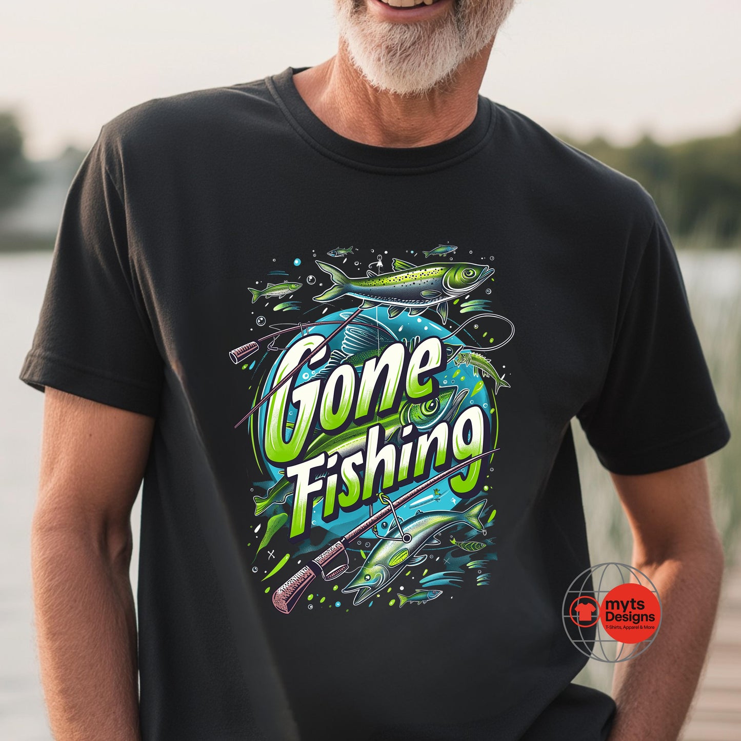 Man wearing a black t-shirt with 'Gone Fishing' graphic design outdoors.
