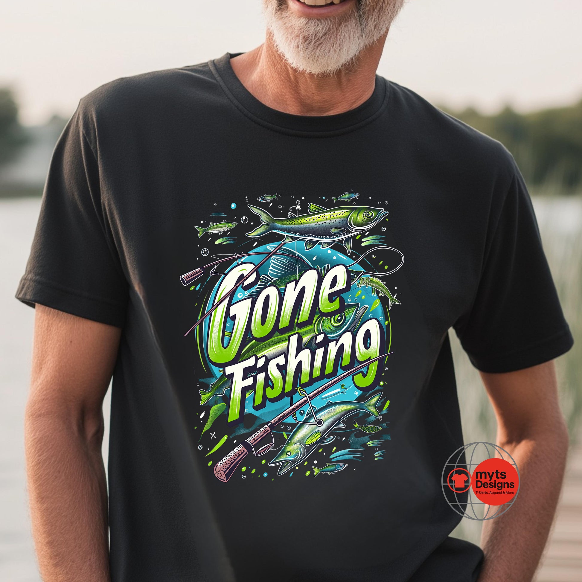 Man wearing a black t-shirt with 'Gone Fishing' graphic design outdoors.