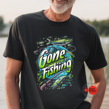 Man wearing a black t-shirt with 'Gone Fishing' graphic design outdoors.