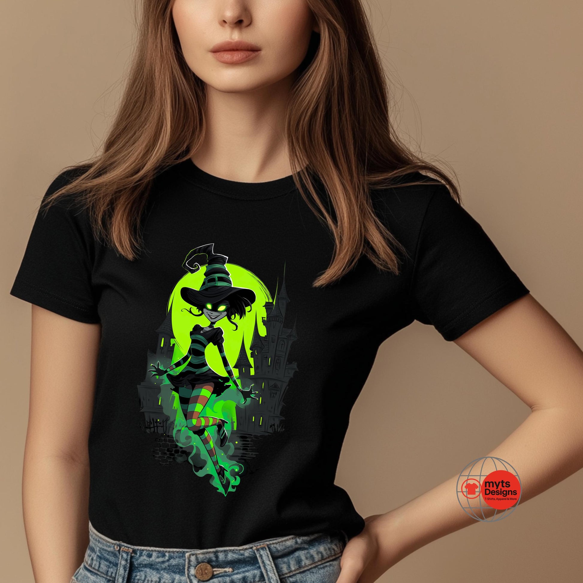 Person wearing a black t-shirt with a witch graphic design on a beige background