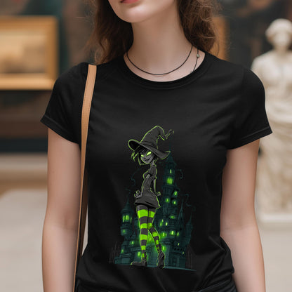 Person wearing a black t-shirt with a witch graphic design.