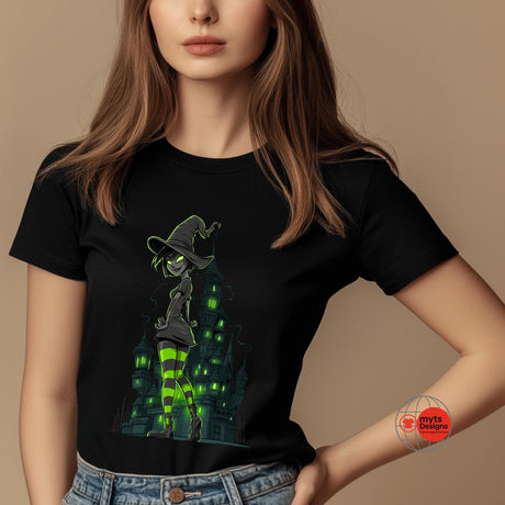 Person wearing a black t-shirt with a green witch graphic on a beige background