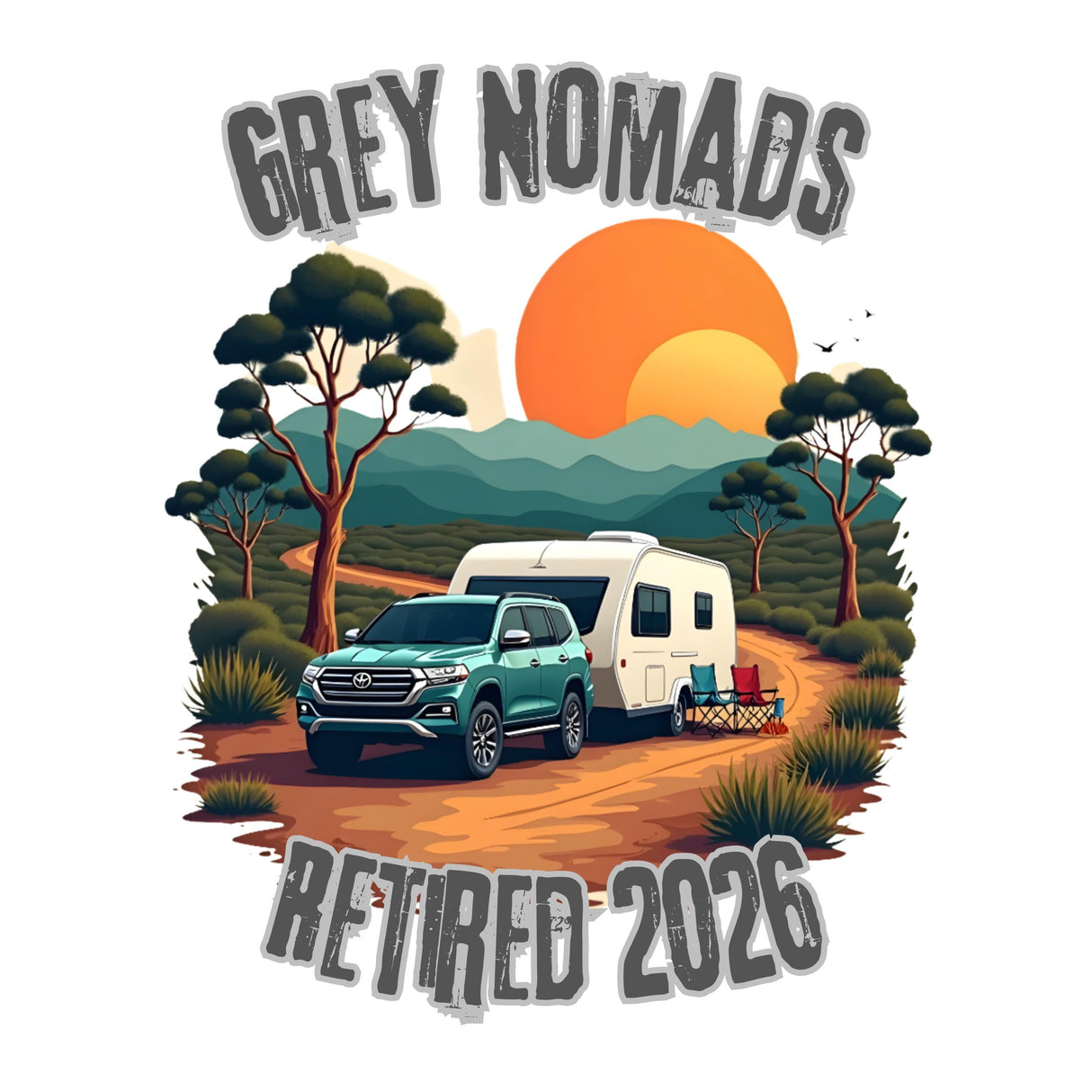 A stylized illustrated graphic with the text 'GREY NOMADS' at the top and 'RETired 2026' at the bottom, surrounding a camping scene with a teal SUV, white caravan, trees, mountains, and a large orange sun on a white background.