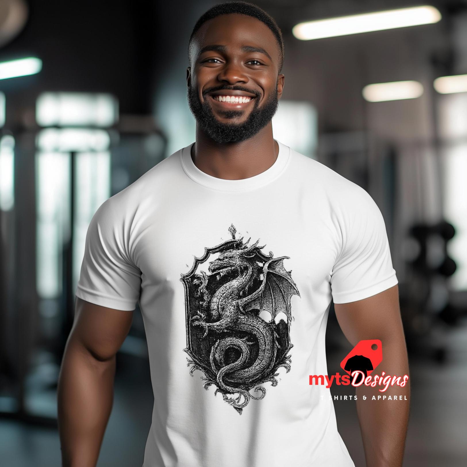 Man wearing a white t-shirt with a black dragon design, standing in a gym.