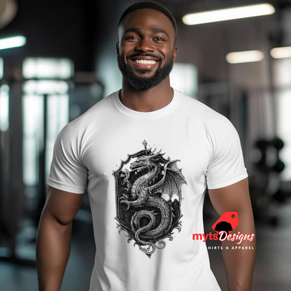 Man wearing a white t-shirt with a black dragon design, standing in a gym.