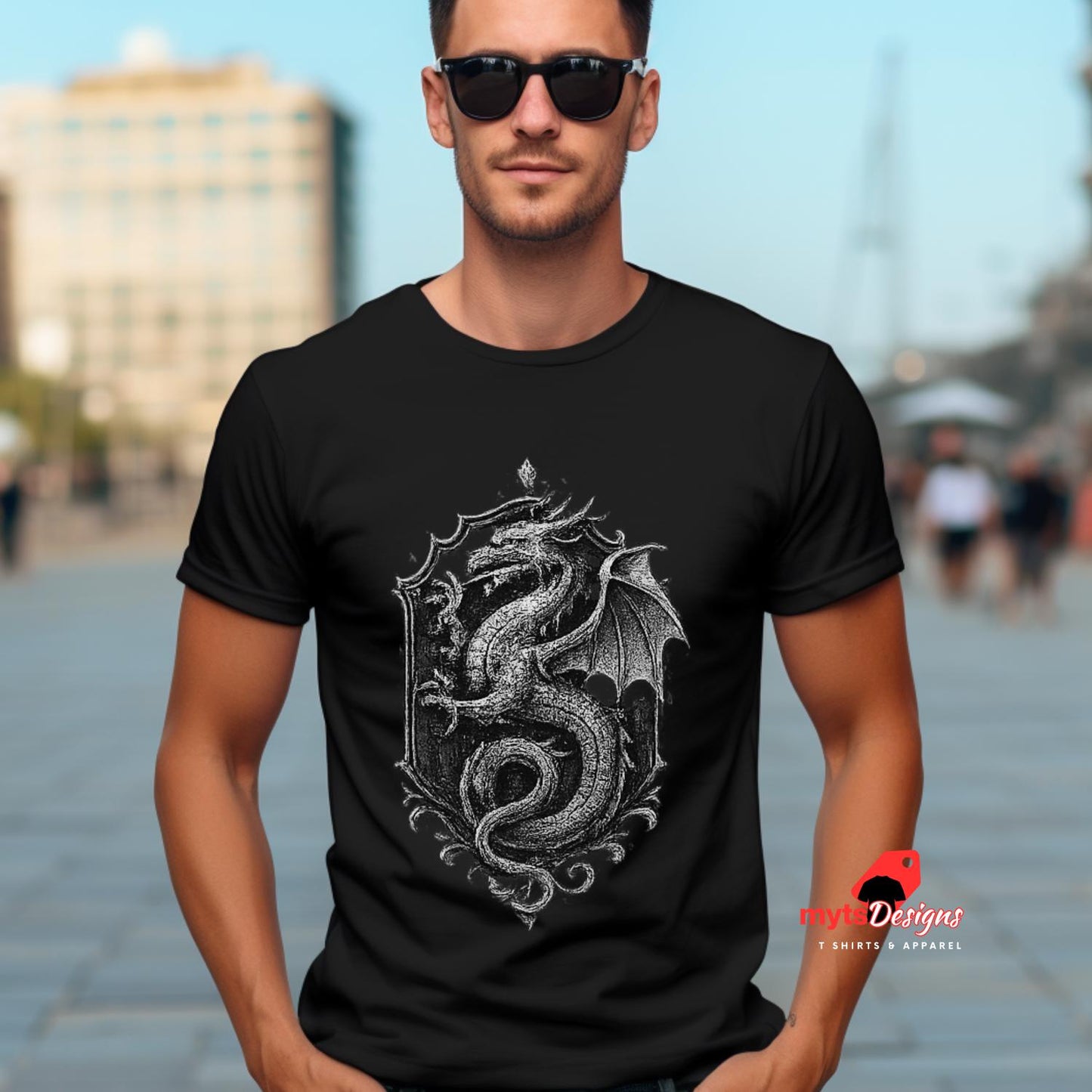 Man wearing a black t-shirt with a dragon design outdoors.