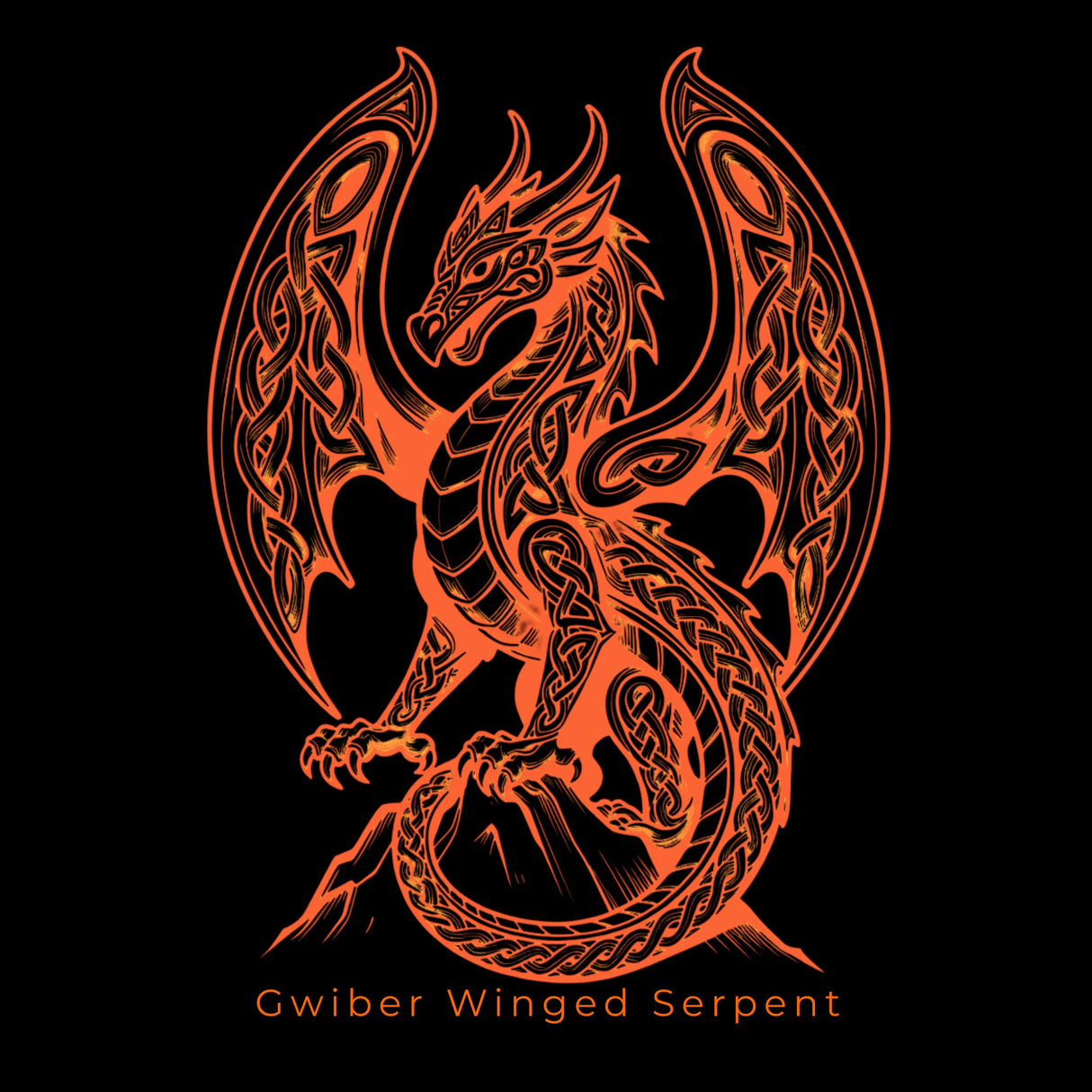An orange Celtic-style dragon illustration with wings and serpentine body details on a black background, with the text 'Gwiber Winged Serpent' below.