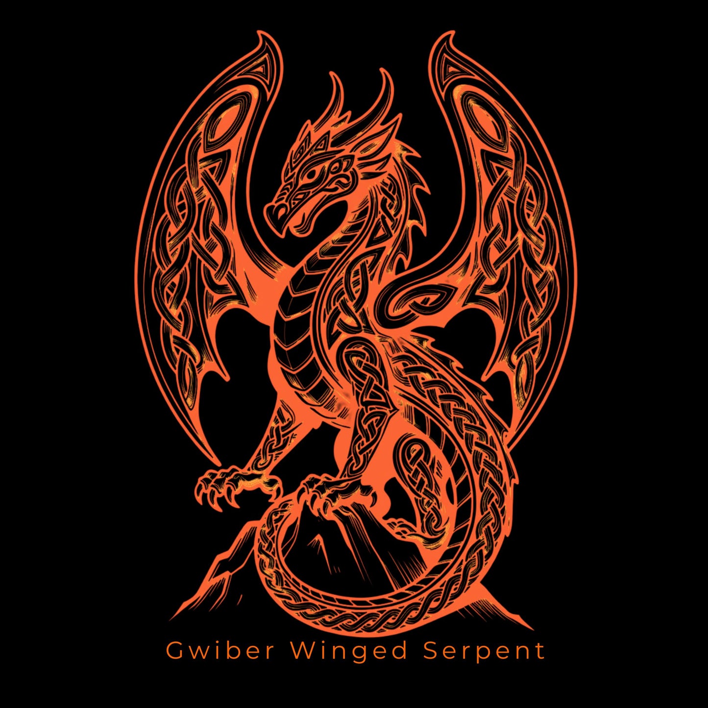 An orange Celtic-style dragon illustration with wings and serpentine body details on a black background, with the text 'Gwiber Winged Serpent' below.