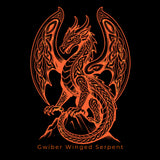 An orange Celtic-style dragon illustration with wings and serpentine body details on a black background, with the text 'Gwiber Winged Serpent' below.