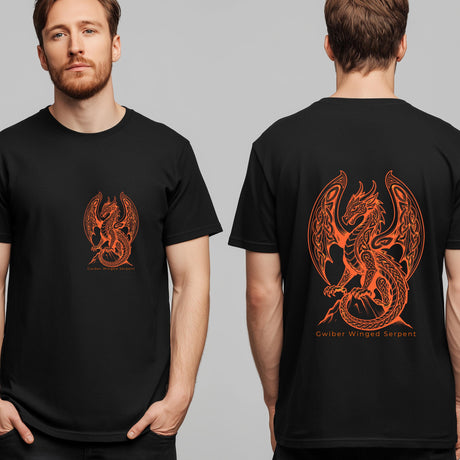 A man shown from the front and back wearing a black short-sleeve T-shirt with a large orange dragon graphic on the back and a smaller matching chest graphic on the front, against a plain light gray studio background.