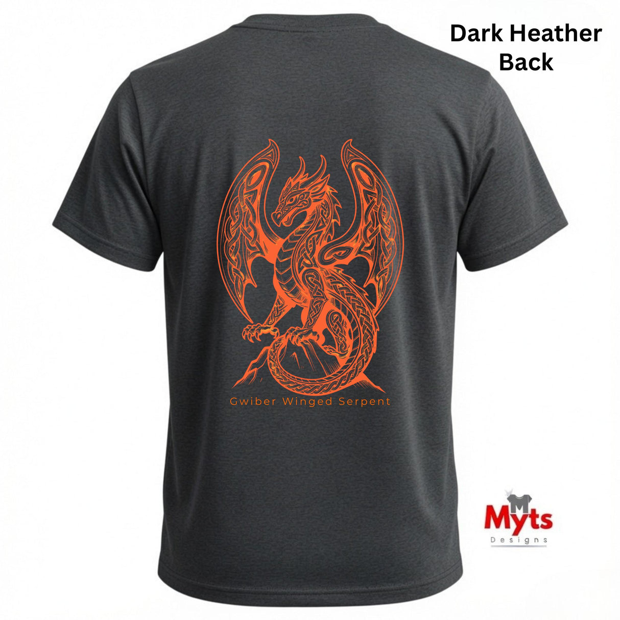 Back view of a dark heather gray t-shirt featuring a large orange graphic of a winged serpent/dragon on the back, with the text 'Gwiler Winged Serpent' below the graphic. The text 'Dark Heather Back' is in the top right corner, and the 'Myts Designs' logo is in the bottom right corner.