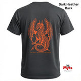 Back view of a dark heather gray t-shirt featuring a large orange graphic of a winged serpent/dragon on the back, with the text 'Gwiler Winged Serpent' below the graphic. The text 'Dark Heather Back' is in the top right corner, and the 'Myts Designs' logo is in the bottom right corner.