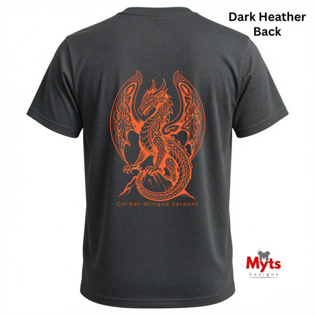 Back view of a dark heather gray t-shirt featuring a large orange graphic of a winged serpent/dragon on the back, with the text 'Gwiler Winged Serpent' below the graphic. The text 'Dark Heather Back' is in the top right corner, and the 'Myts Designs' logo is in the bottom right corner.