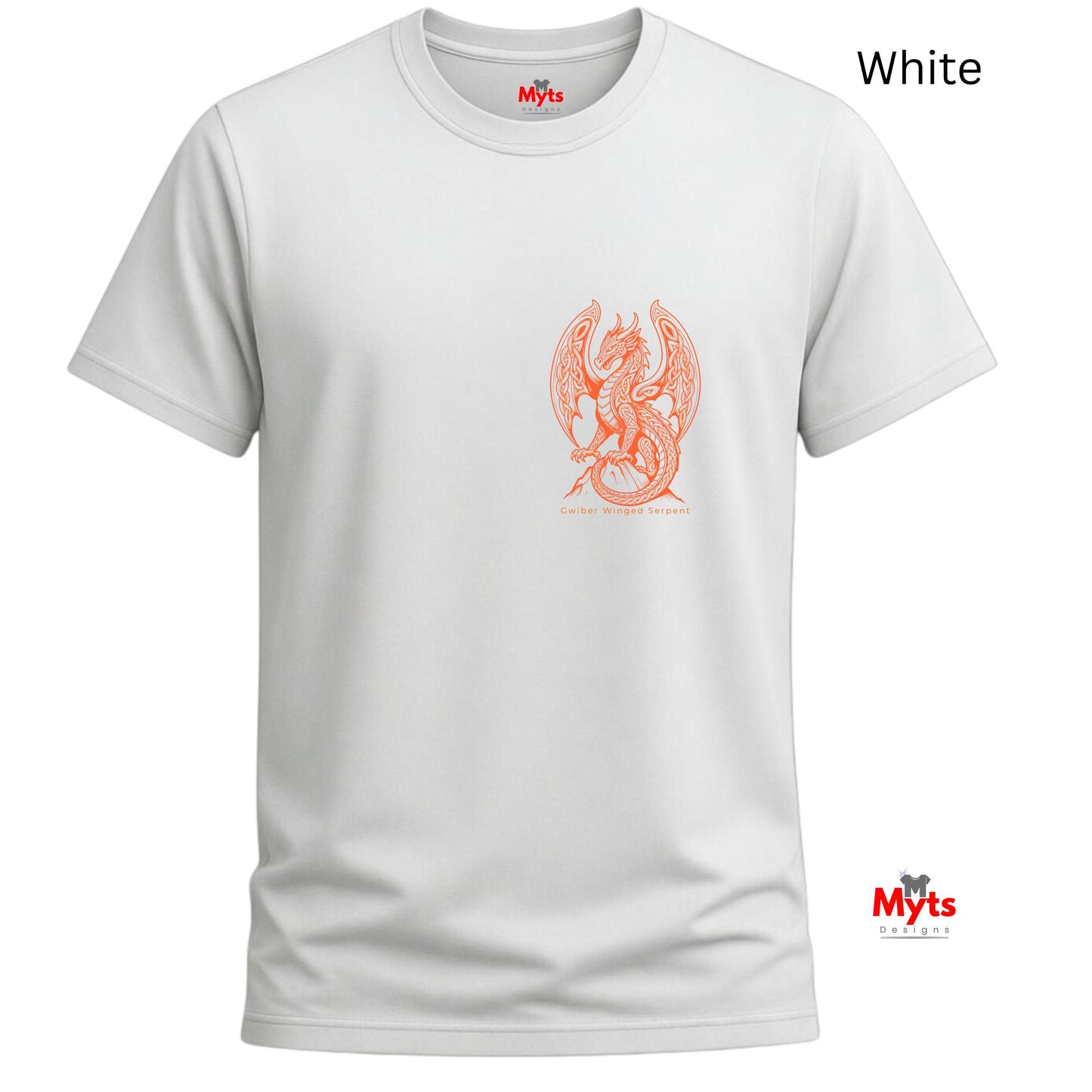 A white short-sleeve crewneck t-shirt featuring a central orange graphic of a winged dragon. The brand name 'Myts' is visible on the inner neck label and as a logo watermark in the bottom right corner.