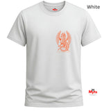 A white short-sleeve crewneck t-shirt featuring a central orange graphic of a winged dragon. The brand name 'Myts' is visible on the inner neck label and as a logo watermark in the bottom right corner.