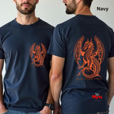Two men modeling a navy blue t-shirt, showing both the front and back views. The front features a small orange graphic of a winged serpent, while the back features a large matching graphic.