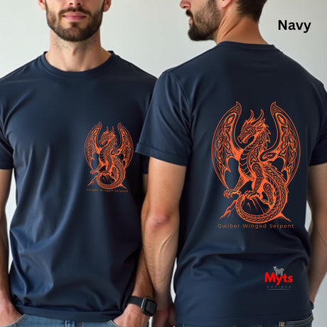 Two men modeling a navy blue t-shirt, showing both the front and back views. The front features a small orange graphic of a winged serpent, while the back features a large matching graphic.