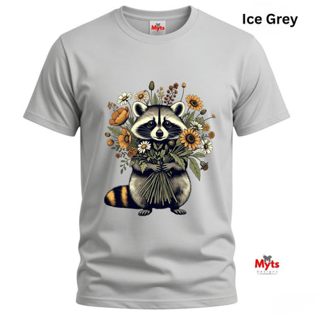 An ice grey short-sleeve t-shirt featuring a graphic of a raccoon holding a bouquet of wildflowers. The text 'Ice Grey' is displayed in the top right corner, and the 'Myts' brand logo is visible on the inner neck label and as a watermark in the bottom right corner.
