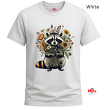 White short-sleeve crewneck t-shirt featuring a graphic of a raccoon holding a bouquet of wildflowers, with 'White' text in the top right corner and the 'Myts' brand logo in the bottom right corner.