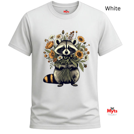 White short-sleeve crewneck t-shirt featuring a graphic of a raccoon holding a bouquet of wildflowers, with 'White' text in the top right corner and the 'Myts' brand logo in the bottom right corner.