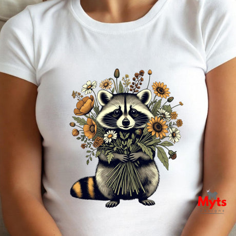 A white short-sleeve t-shirt featuring a graphic print of a raccoon holding a bouquet of wildflowers, worn by a model.