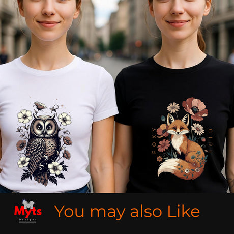 Two women standing side by side wearing graphic t-shirts. The woman on the left wears a white t-shirt with a detailed owl and floral illustration.