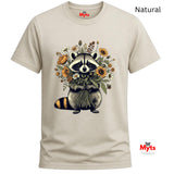 A Natural crewneck t-shirt with a graphic of a raccoon holding a bouquet of wildflowers. The text 'Natural' is printed in black at the top right, and the red 'Myts' brand logo is visible on the inner neck label and as a watermark in the bottom right corner.