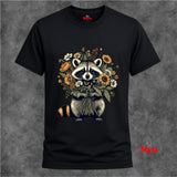 A black short-sleeve crewneck t-shirt featuring a detailed graphic of a raccoon holding a bouquet of wildflowers, set against a textured gray background. The brand name 'Myts' is visible on the inner neck label and as a watermark in the bottom right corner.