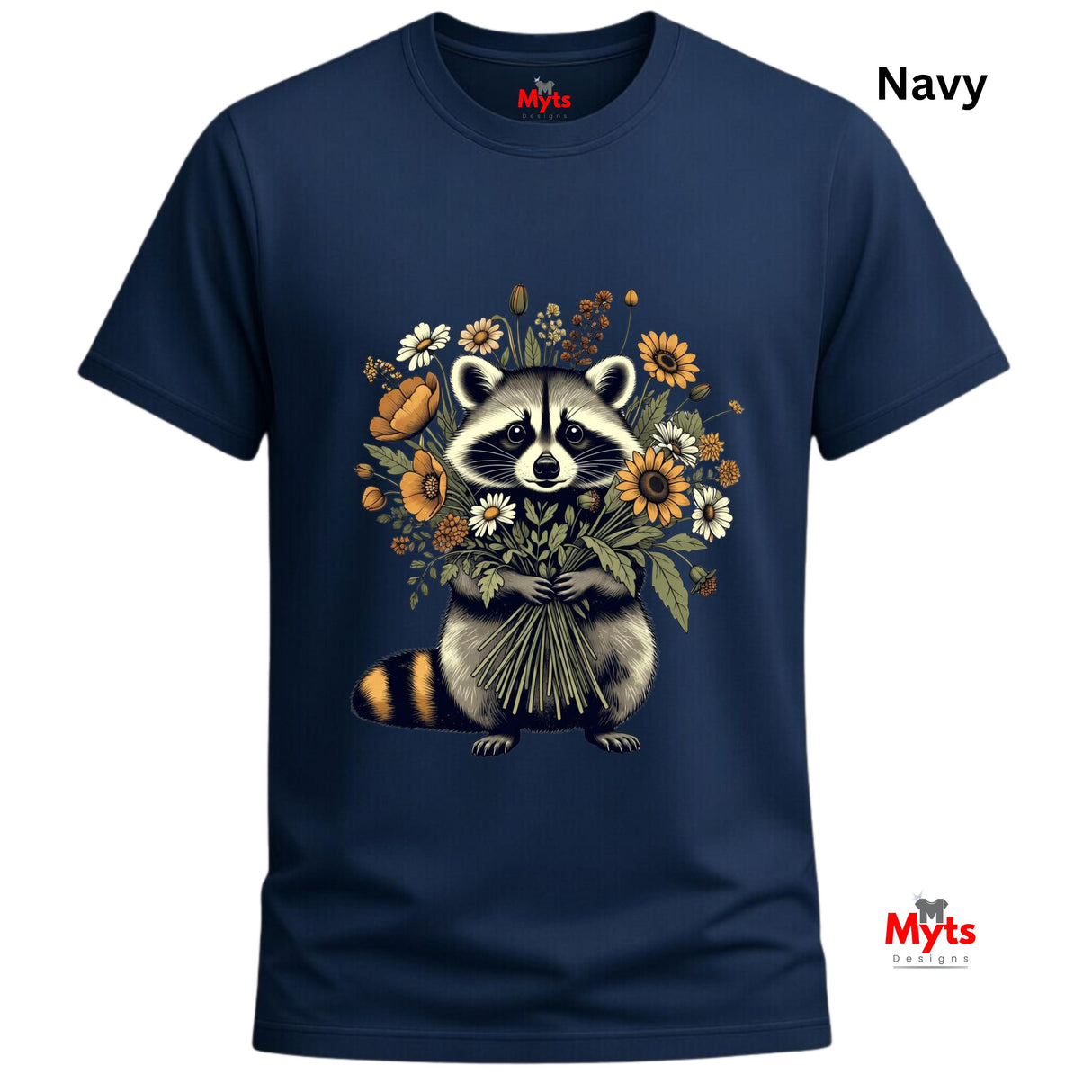 A navy blue short-sleeve t-shirt with a graphic of a raccoon holding a bouquet of wildflowers. The word 'Navy' is printed in white in the top right corner, and the Myts logo is visible on the inner neck label and as a watermark in the bottom right corner.