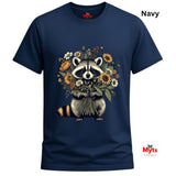 A navy blue short-sleeve t-shirt with a graphic of a raccoon holding a bouquet of wildflowers. The word 'Navy' is printed in white in the top right corner, and the Myts logo is visible on the inner neck label and as a watermark in the bottom right corner.