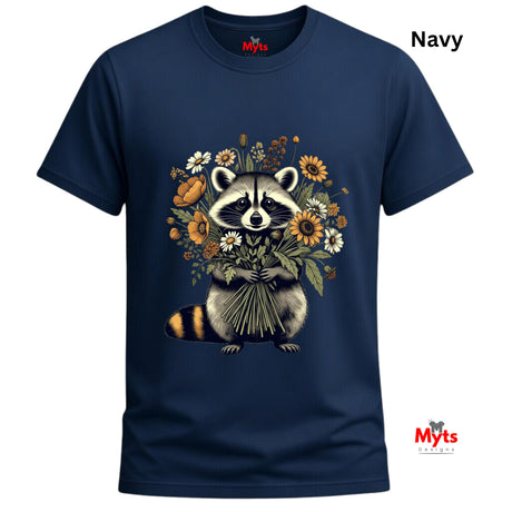 A navy blue short-sleeve t-shirt with a graphic of a raccoon holding a bouquet of wildflowers. The word 'Navy' is printed in white in the top right corner, and the Myts logo is visible on the inner neck label and as a watermark in the bottom right corner.