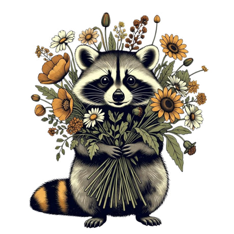 A stylized raccoon illustration holding a bouquet of wildflowers, including sunflowers, daisies, and orange blossoms, on a plain white background.