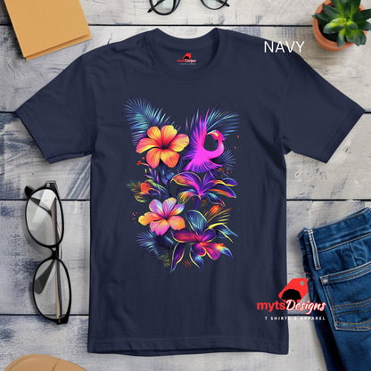Flat lay neon floral t-shirt navy color