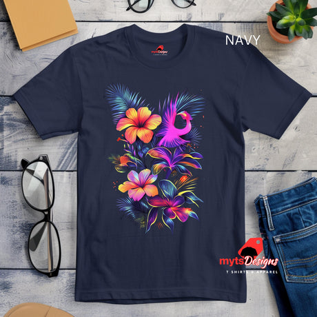 Flat lay neon floral t-shirt navy color