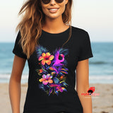 Black neon floral t-shirt worn by girl at the beach