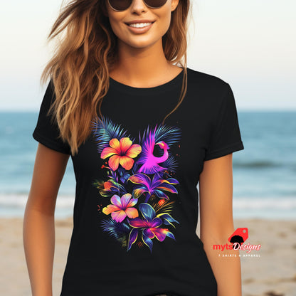Black neon floral t-shirt worn by girl at the beach
