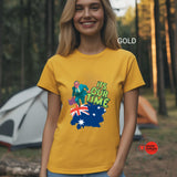 Person wearing a Gold-shirt with a graphic design in a forest setting