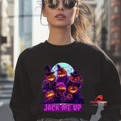 Person wearing a black sweatshirt with Halloween-themed design and 'mytsDesigns' logo.