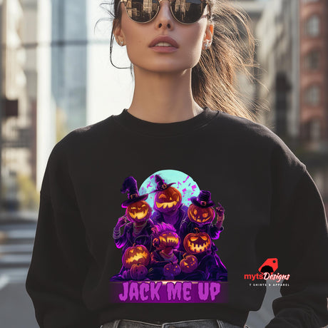 Person wearing a black sweatshirt with Halloween-themed design and 'mytsDesigns' logo.